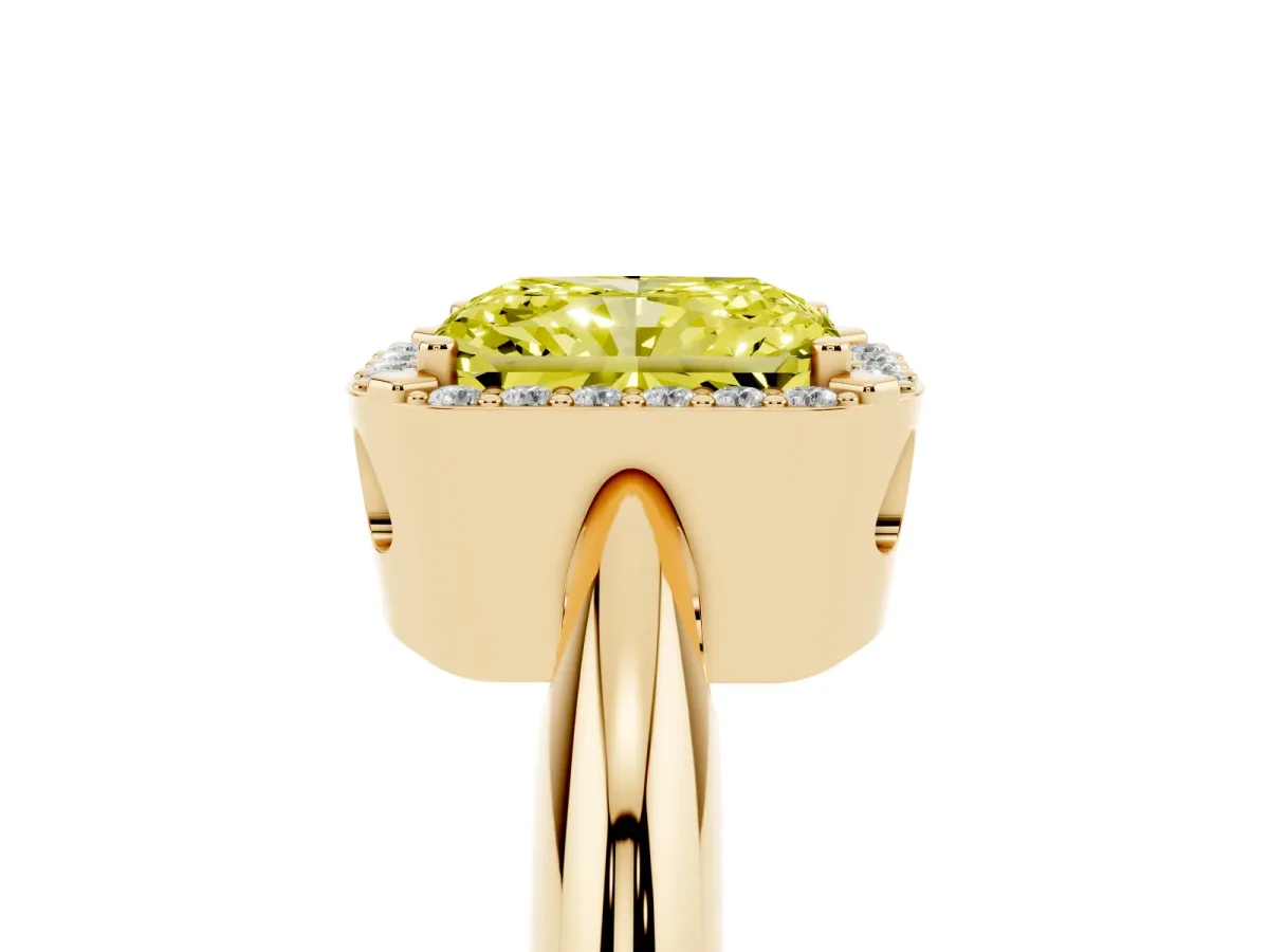 Fancy Yellow Radiant Cut Cut Diamond Halo Engagement Ring with Split Shank and Four-Prong Setting Yellow gold