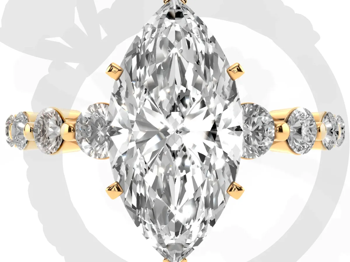 Marquise Cut Solitaire Diamond Ring with Pave Band and Four-Prong Setting Yellow gold