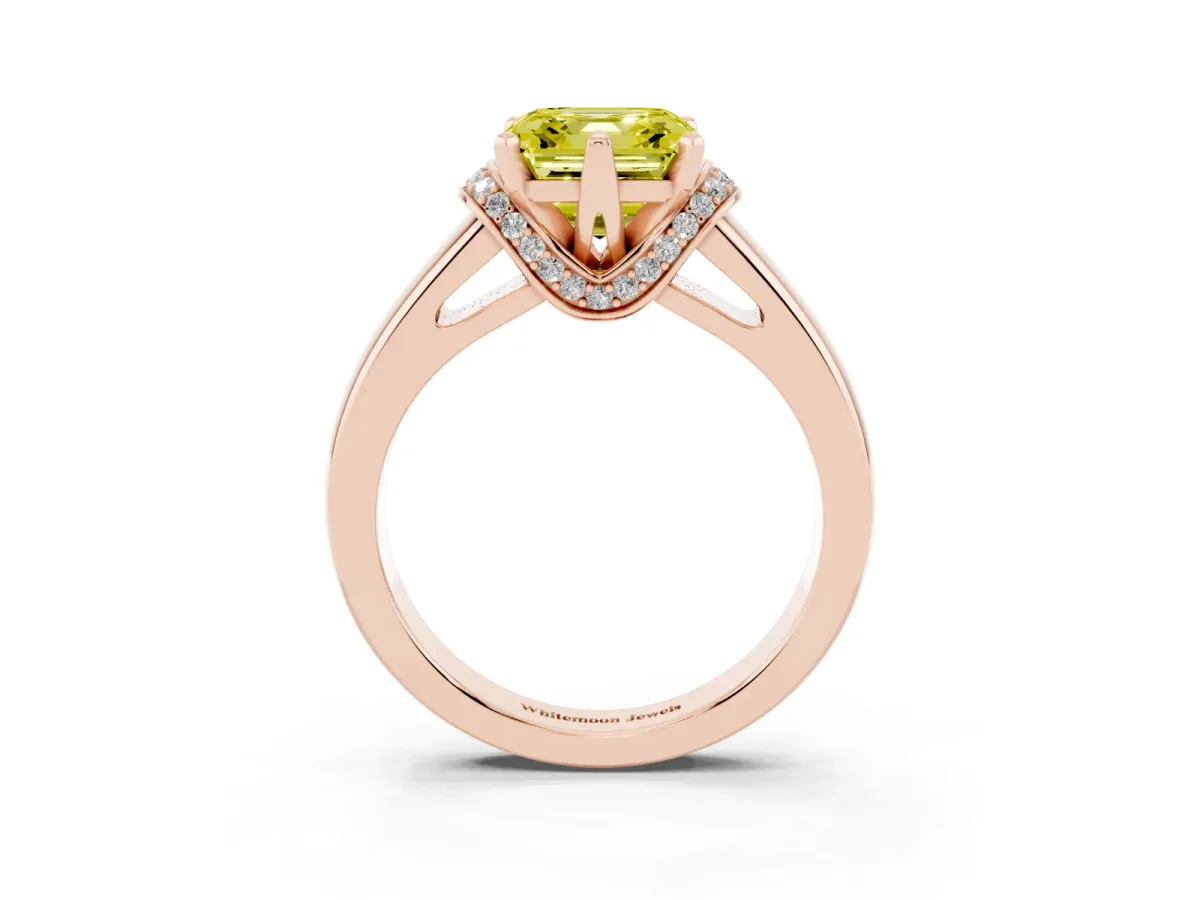 Fancy Yellow Asscher Cut Solitaire Diamond Ring with Pave Band and Six-Prong Setting Rose gold