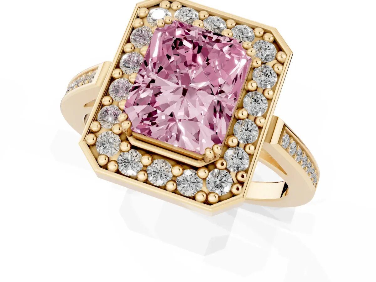 Fancy Pink Radiant Cut Diamond Halo Ring with Split Shank and Four-Prong Setting Yellow gold