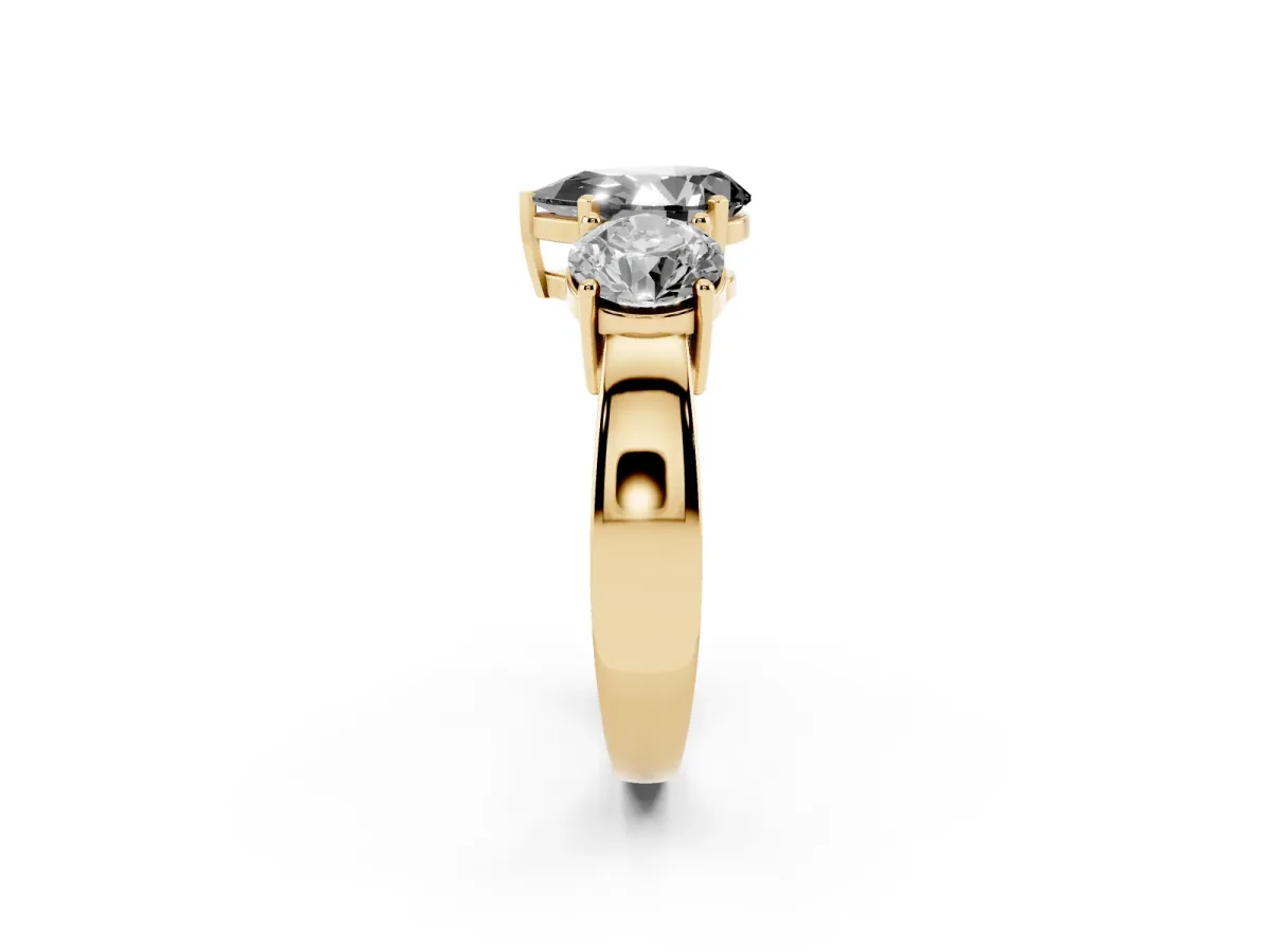 Fancy Black Three-Stone Pear Cut Diamond Ring with Round Side Stones, Classic Band, and Four-Prong Setting Yellow gold