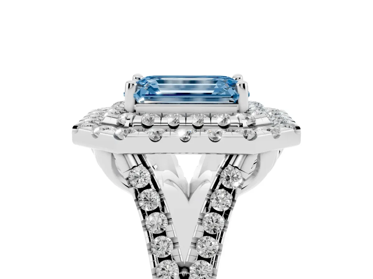 Fancy Blue Double Halo Emerald Cut Diamond Pavé Split Shank Ring with Prong Setting Platinum
