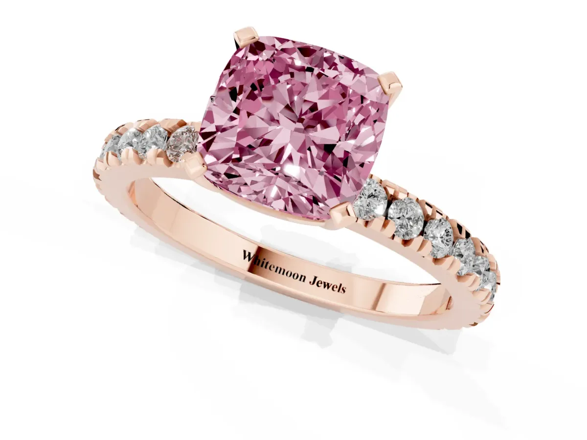 Fancy Pink Cushion Cut Diamond Pavé Band Solitaire with Four-Prong Setting Rose gold