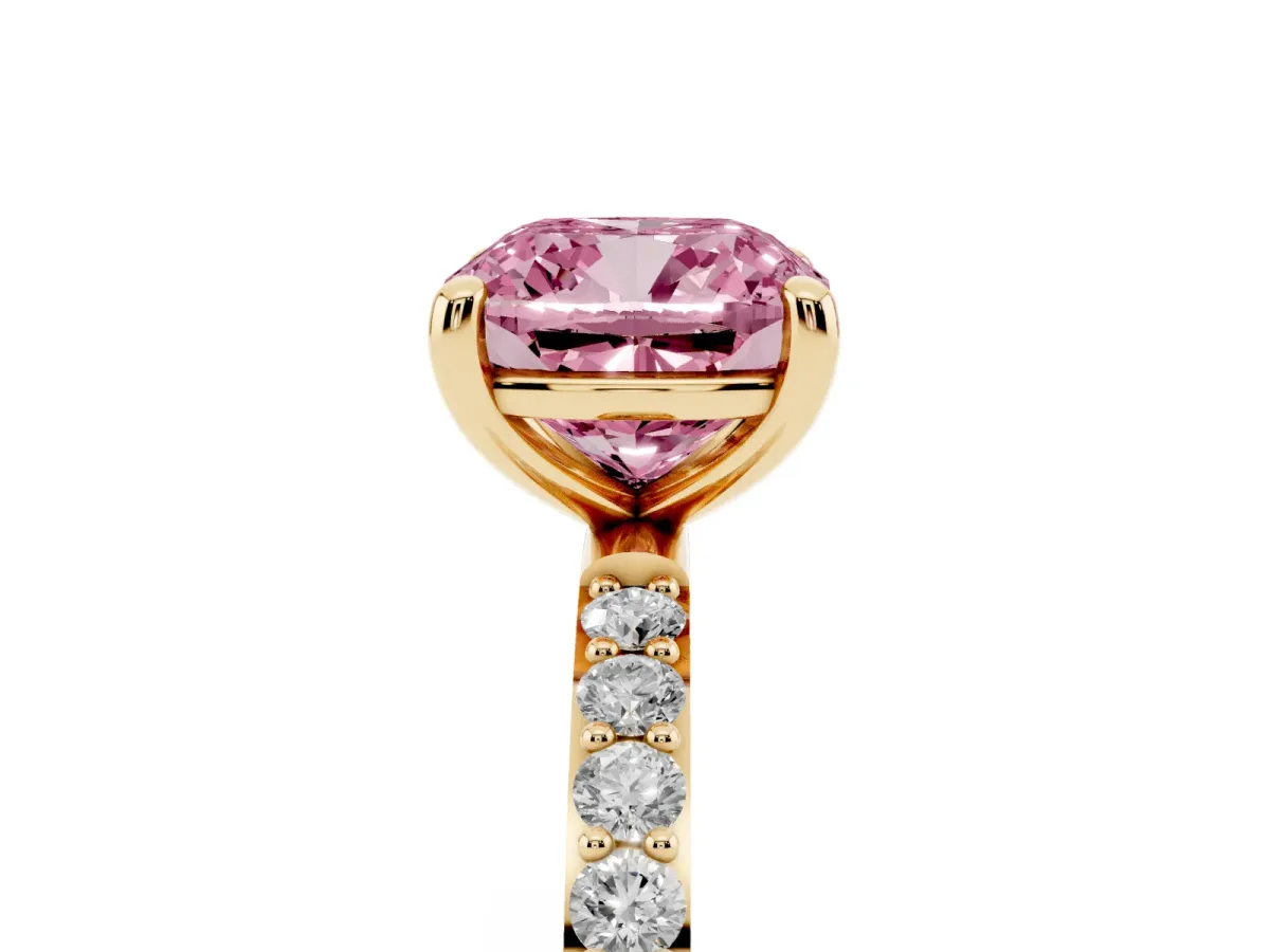 Fancy Pink Cushion Cut Diamond Solitaire Ring with Round Pavé Band and Prong Setting Yellow gold