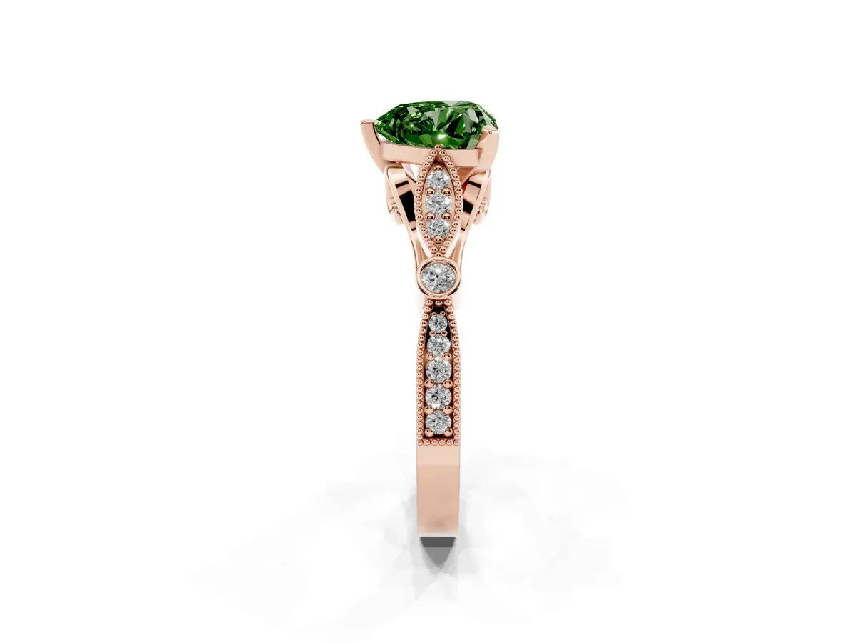 Fancy Green Heart Cut Cut Diamond with Milgrain Marquise and Bezel Accents on a Solitaire Band with Prong Setting Rose gold