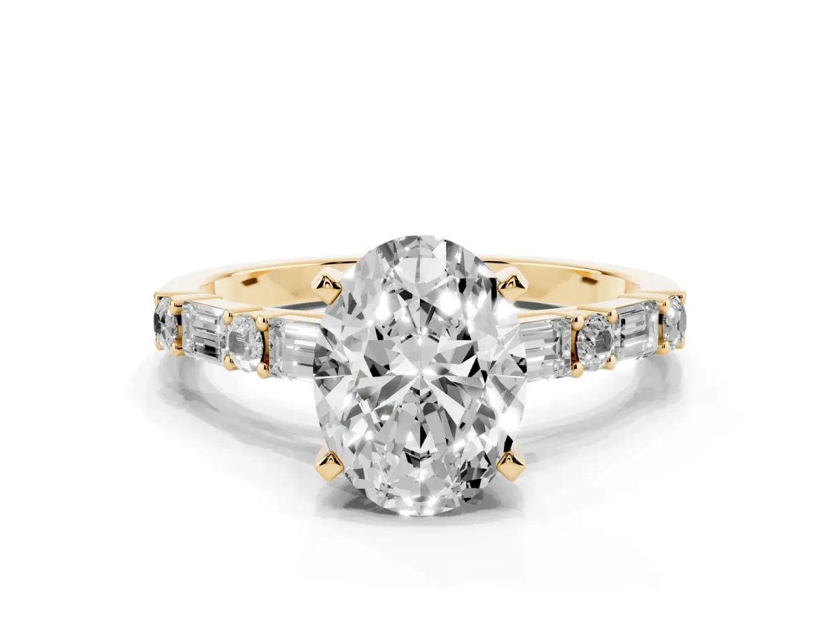 Oval Cut Diamond Solitaire with Side Baguettes and Channel Set Band Yellow gold