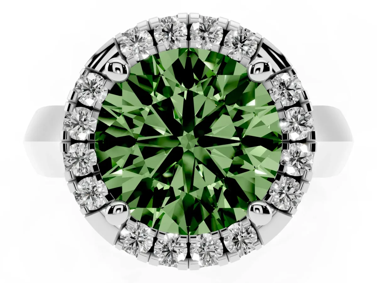 Fancy Green Round Cut Cut Halo Solitaire Engagement Ring with Square Band and Four-Prong Setting Silver