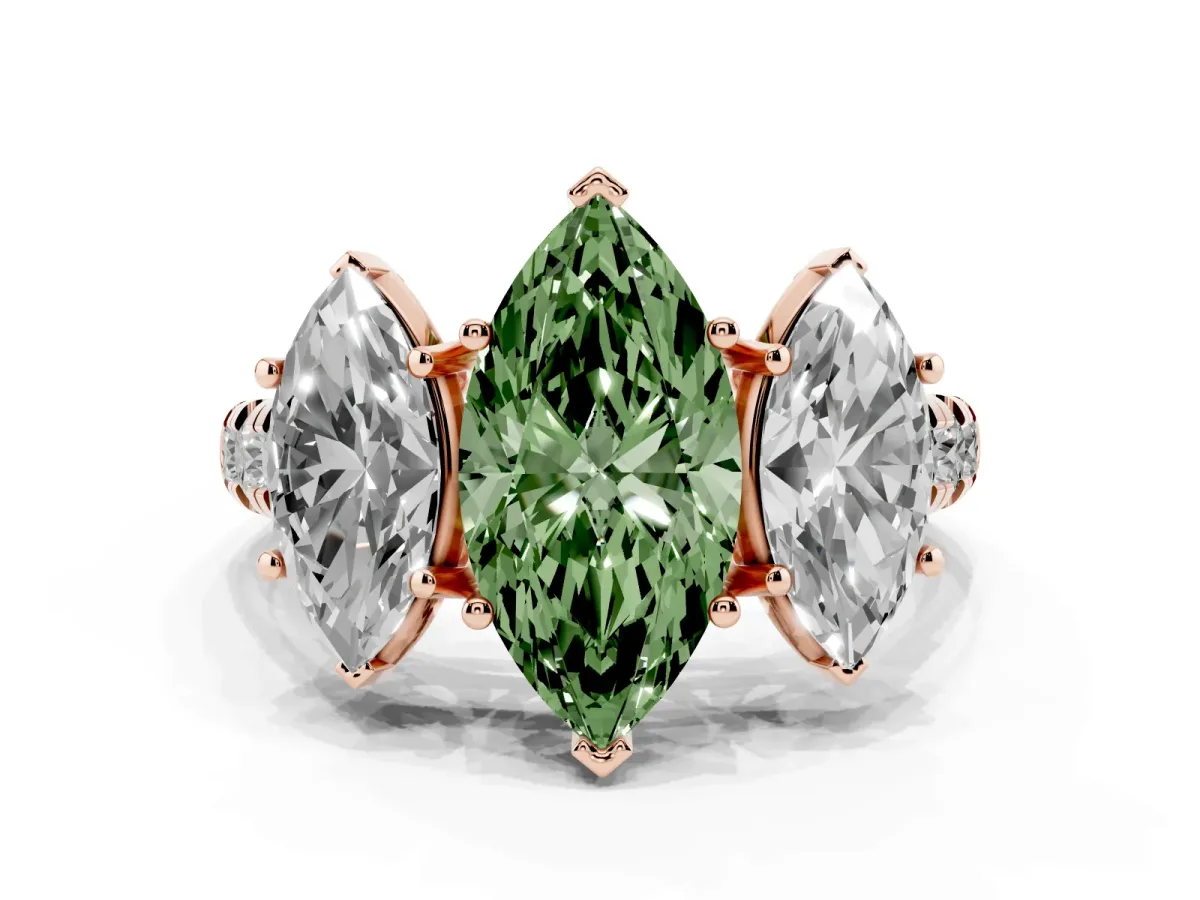 Fancy Green Three-Stone Marquise Cut Diamond Pavé Band with Prong Setting Rose gold