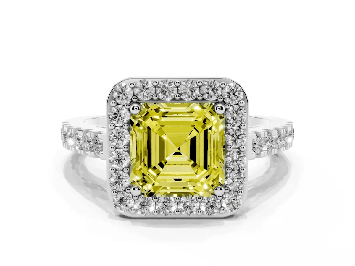 Fancy Yellow Asscher Cut Diamond Halo Ring with Round Pavé Split Shank and Prong Setting Silver