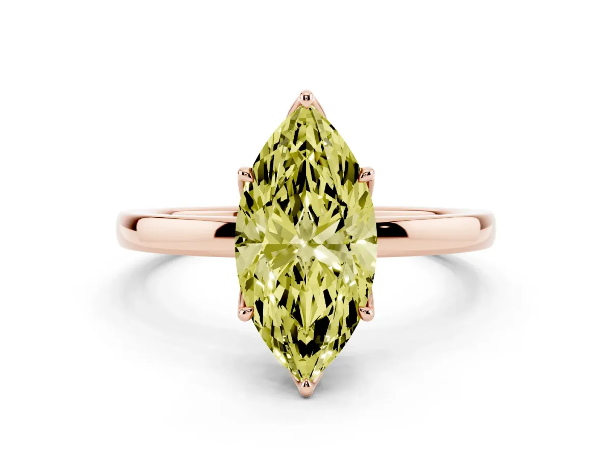 Fancy Yellow Marquise Cut Diamond Solitaire Ring with Thin Band and Prong Setting Rose gold