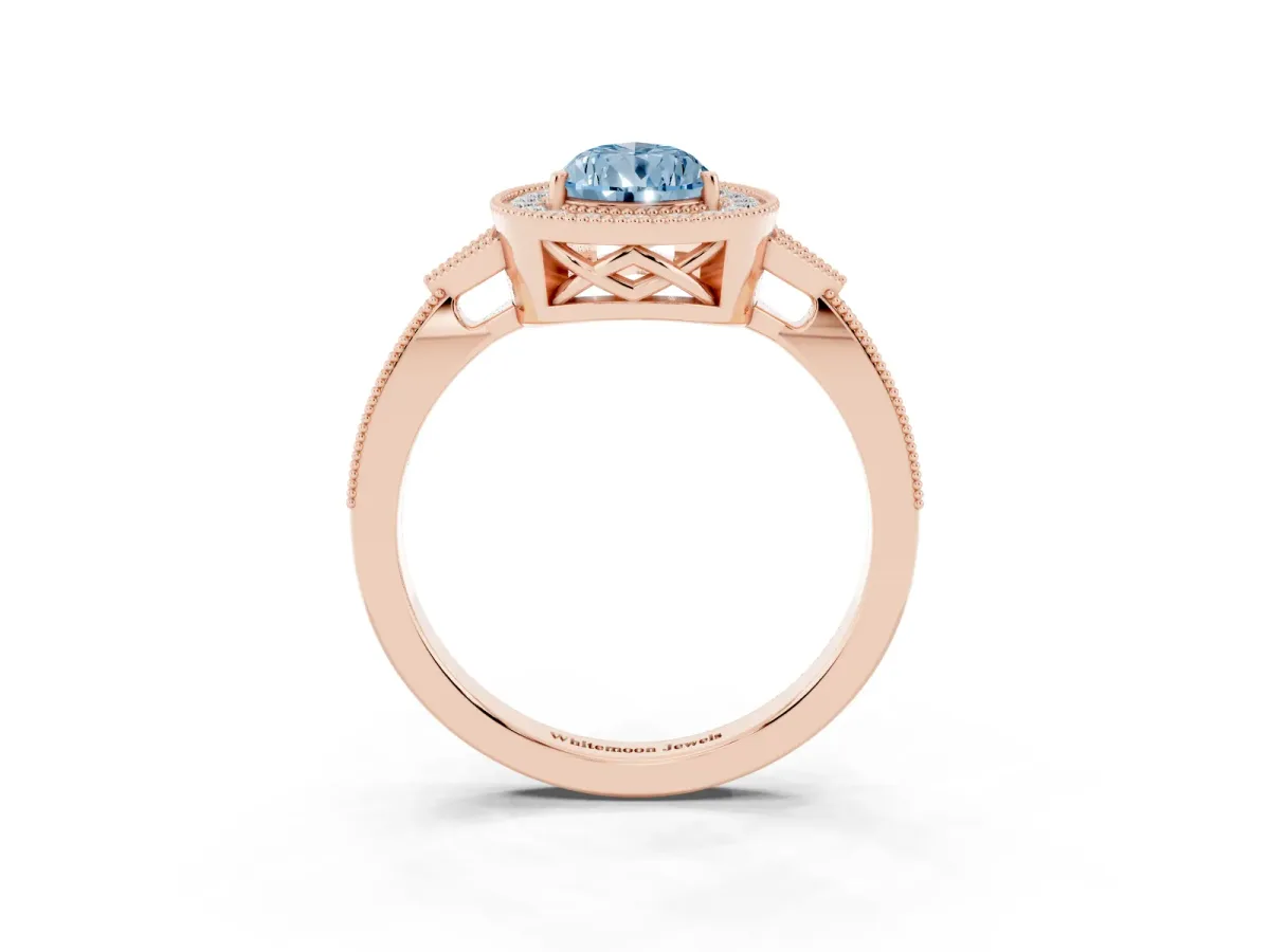 Fancy Blue Pear Cut Halo Round Diamond Milgrain Pave Engagement Ring Rose gold