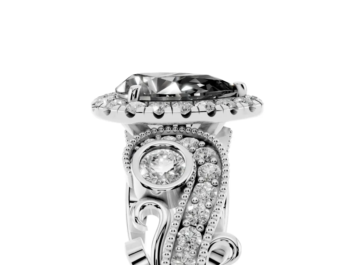 Fancy Black Pear Cut Halo Diamond Ring with Milgrain and Bezel Accents on a Split Shank Band Platinum