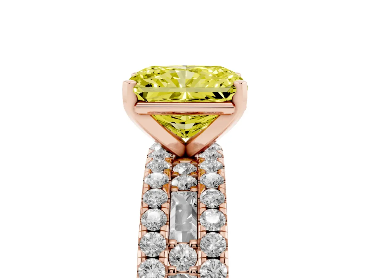 Fancy Yellow Radiant Cut Diamond Solitaire Ring with Pavé and Channel Set Band Rose gold