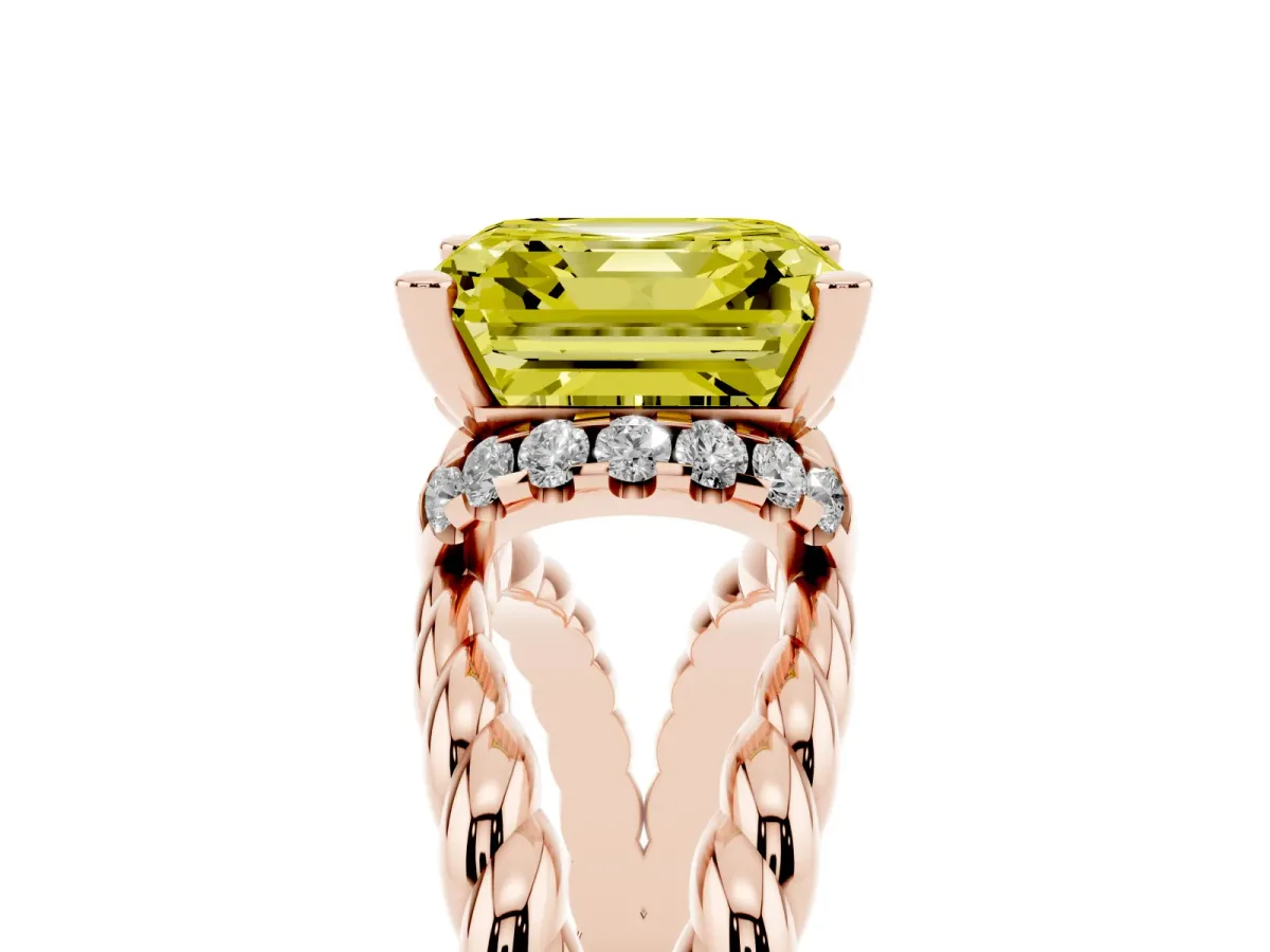 Fancy Yellow Asscher Cut Halo Twisted Band Four-Prong Ring Rose gold