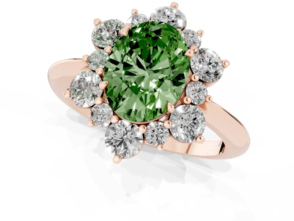 Fancy Green Oval Cut Diamond Cluster Halo Ring with Solitaire Band and Four-Prong Setting Rose gold