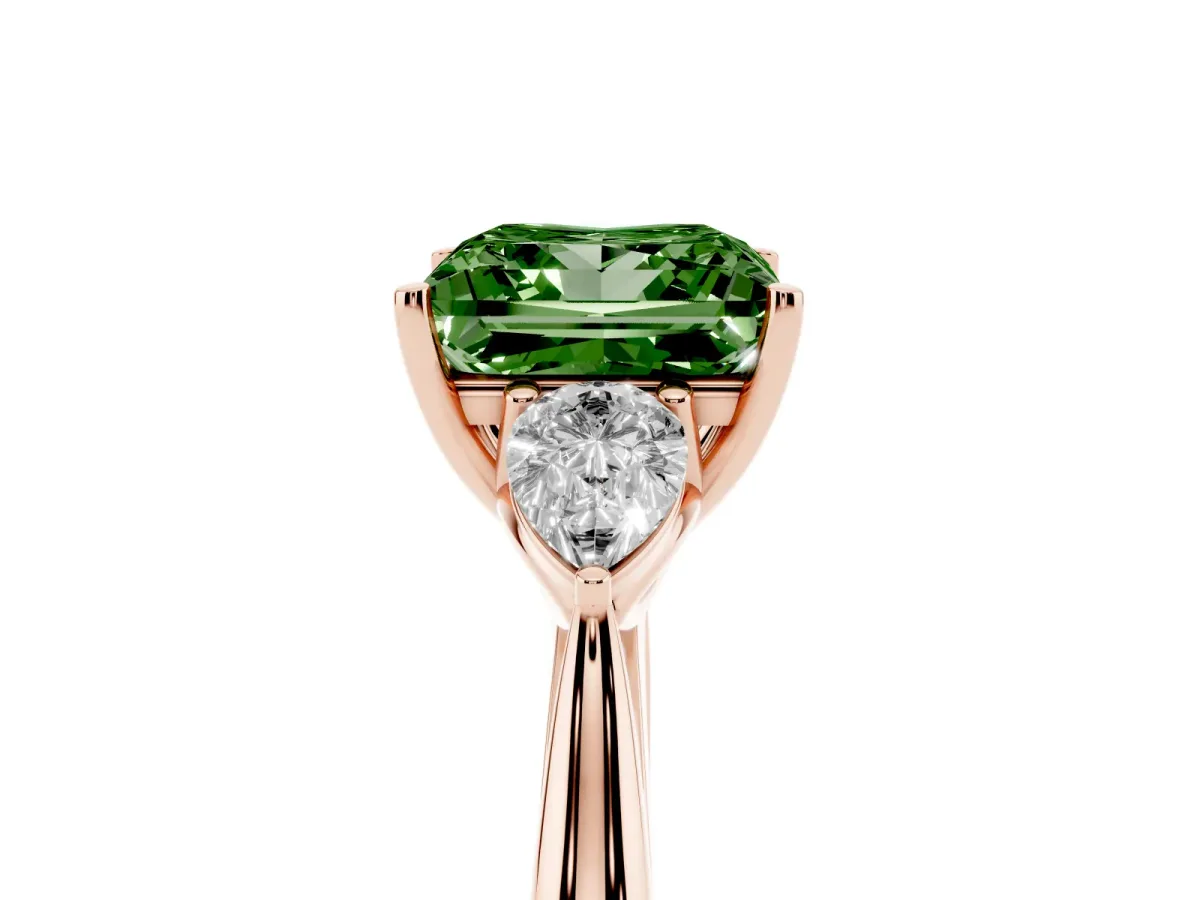 Fancy Green Three-Stone Princess Cut Diamond Ring with Pear Side Stones in Four-Prong Setting Rose gold