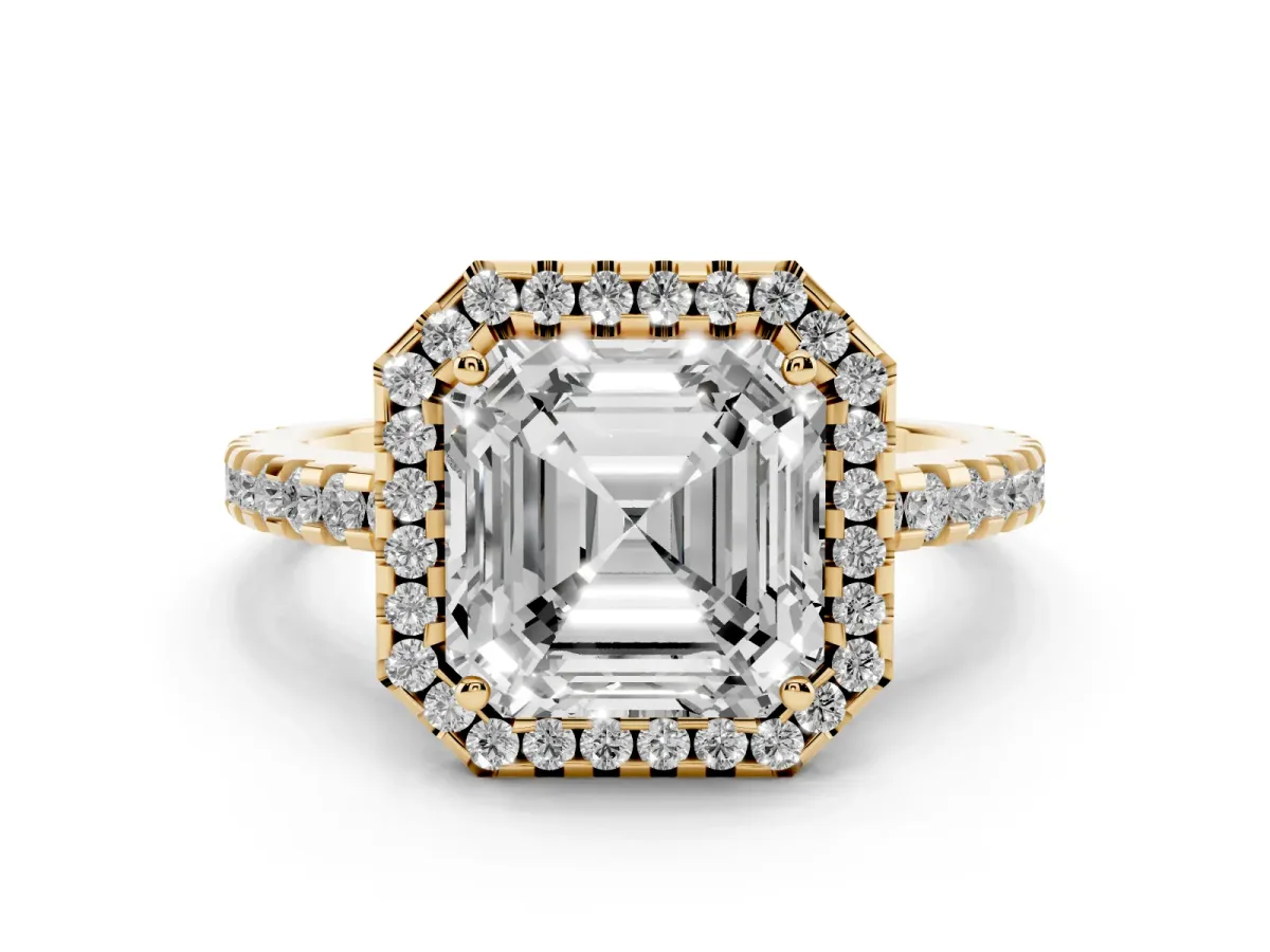 Asscher Cut Diamond Halo Engagement Ring with Pavé Band and Prong Setting Yellow gold