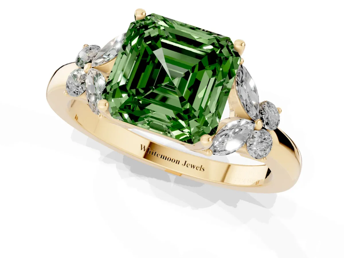 Fancy Green Asscher Cut Cut Solitaire Floral Diamond Ring with Four-Prong Setting Yellow gold
