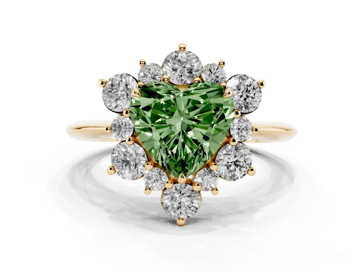 Fancy Green Heart Cut Diamond Cluster Halo Ring with Solitaire Band and Four-Prong Setting Yellow gold