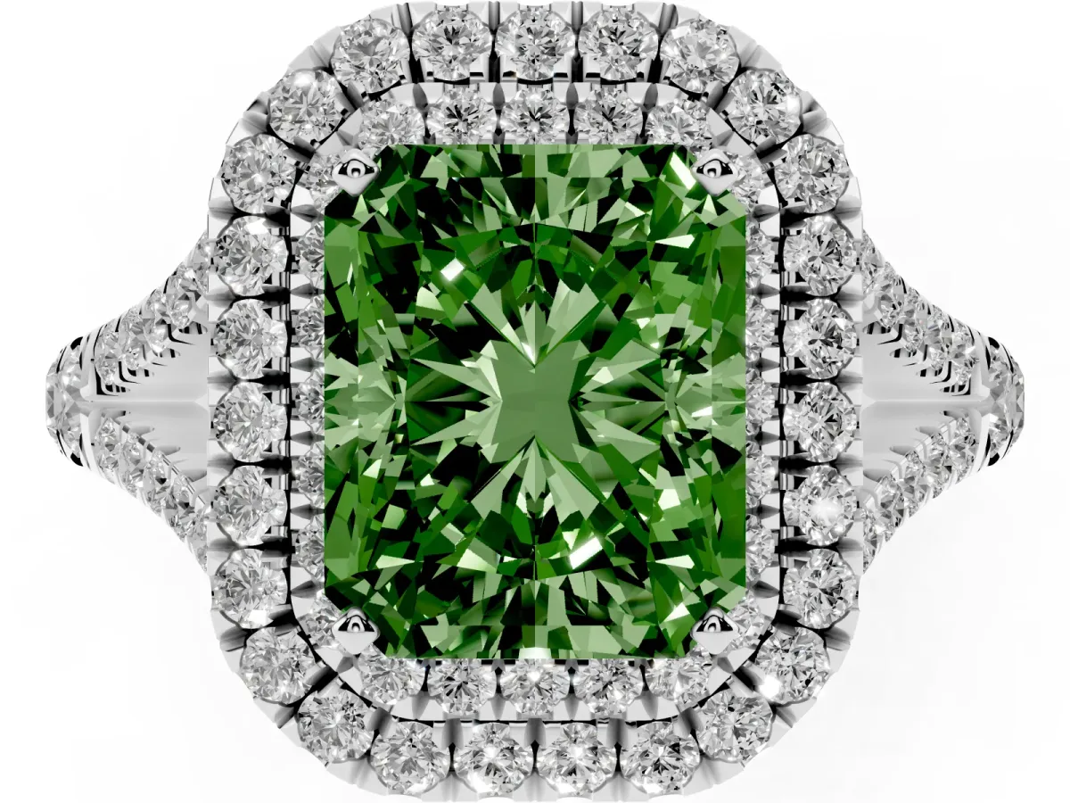 Fancy Green Double Halo Radiant Cut Diamond Split Shank Engagement Ring with Four-Prong Setting Silver