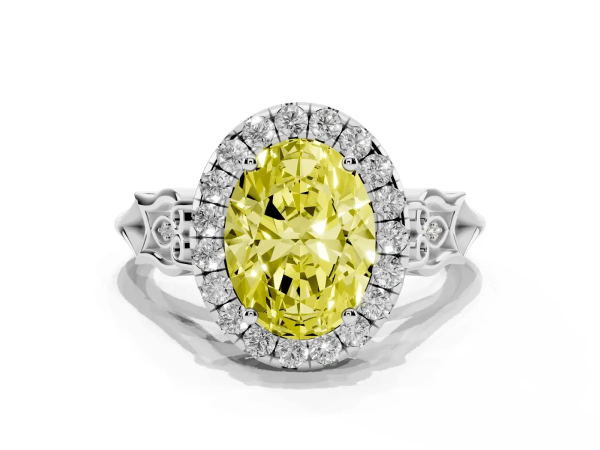 Fancy Yellow Oval Cut Halo Diamond Engagement Ring with Filigree Band and Four-Prong Setting Platinum