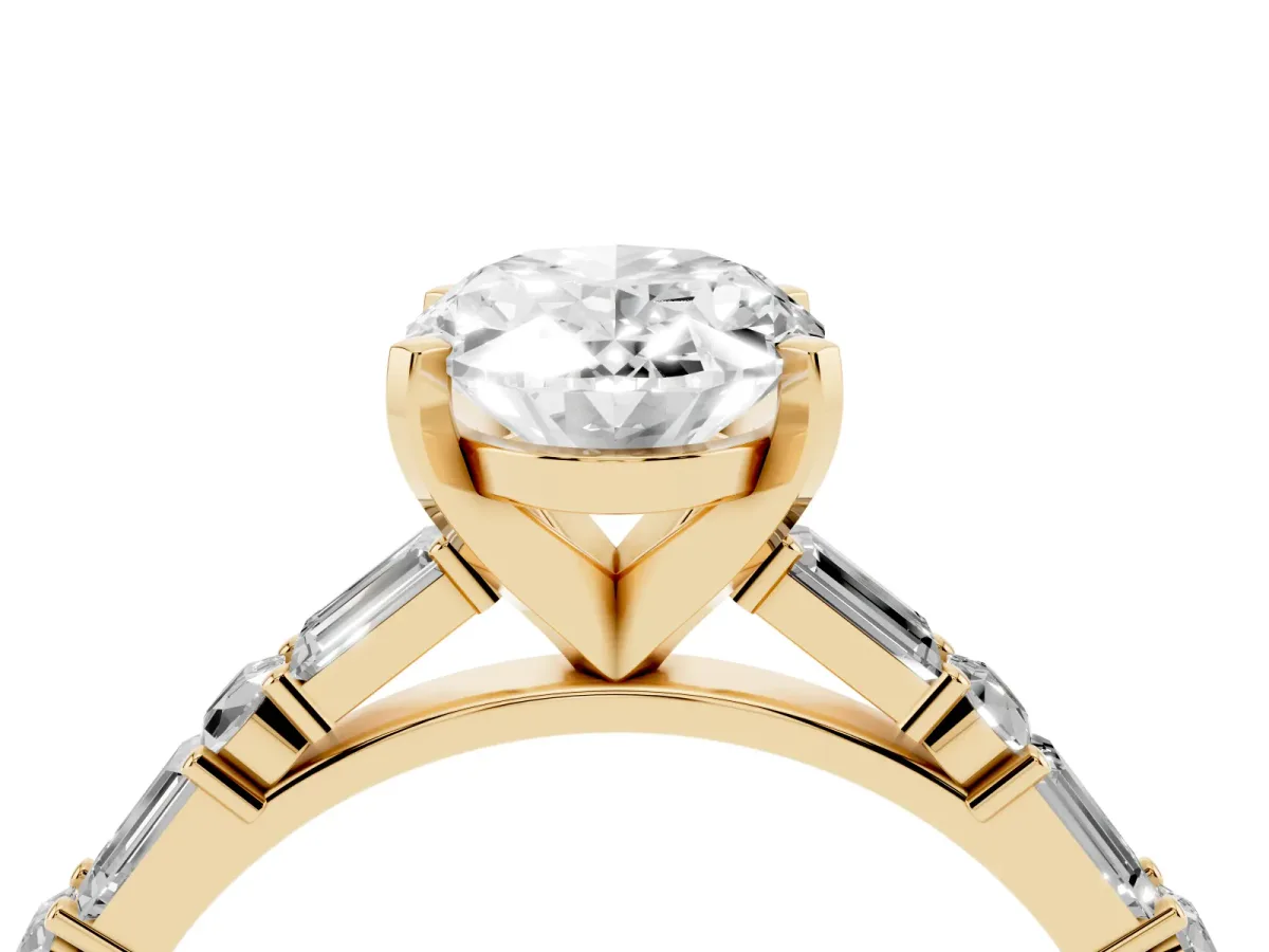 Oval Cut Diamond Solitaire with Side Baguettes and Channel Set Band Yellow gold