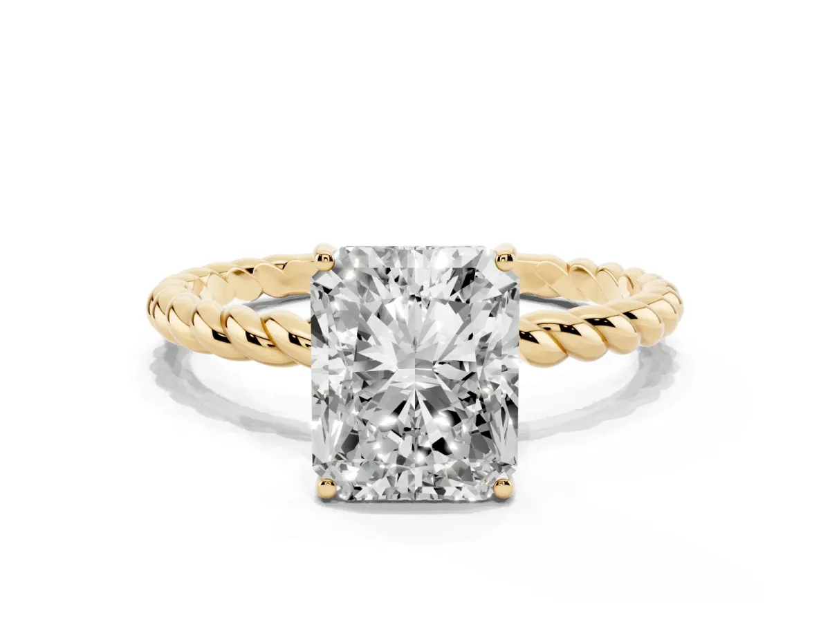 Radiant Cut Solitaire Twist Band Ring with Four-Prong Setting Yellow gold