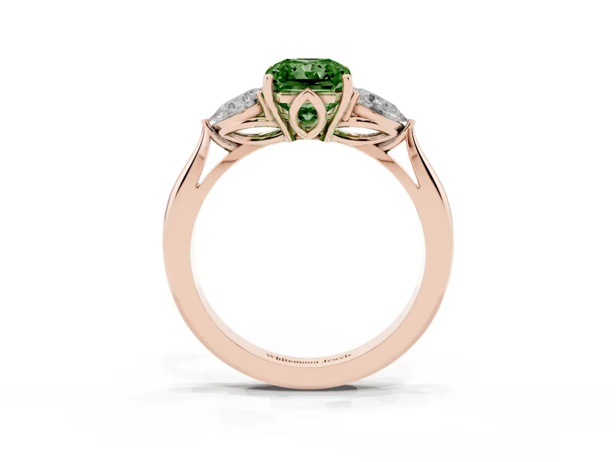 Fancy Green Three-Stone Radiant Cut Diamond Ring with Pear Side Stones in Four-Prong Setting Rose gold
