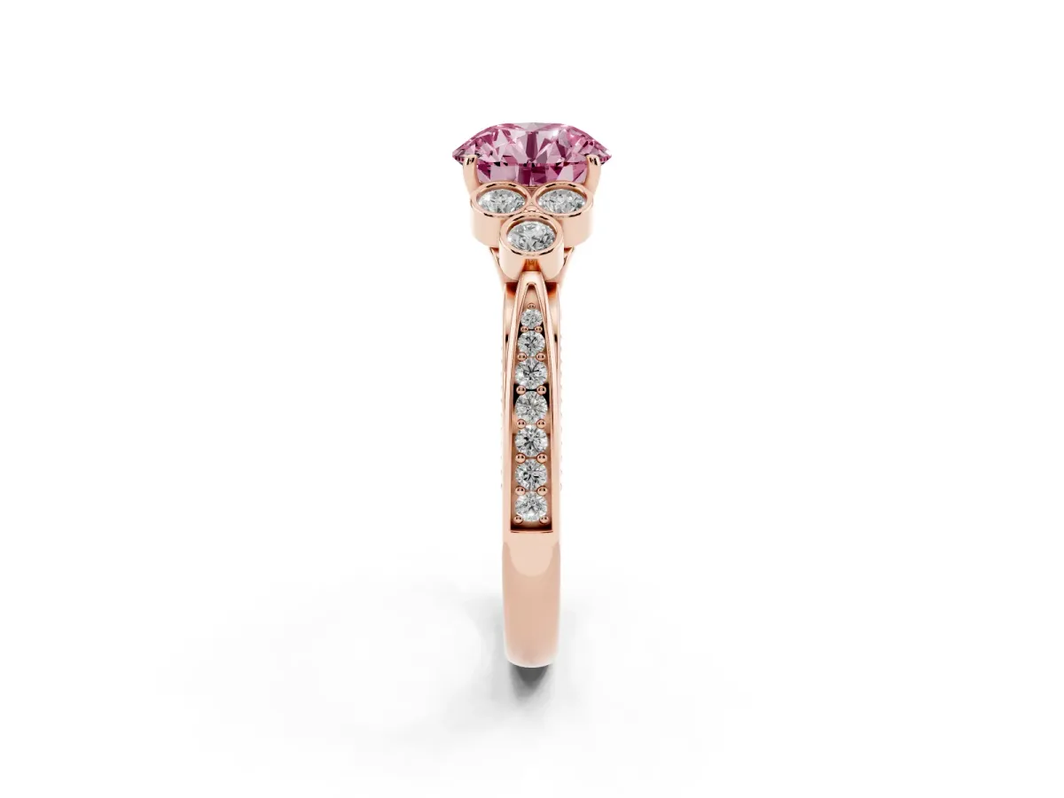 Fancy Pink Round Cut Cut Diamond Engagement Ring with Bezel Set Round Side Stones and Prong Setting Rose gold