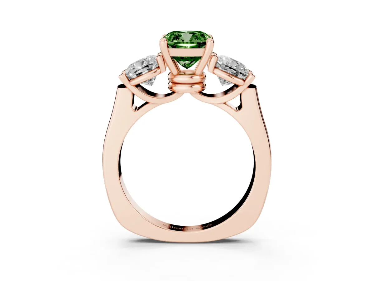 Fancy Green Three-Stone Cushion Cut Brilliant Diamond Trellis Ring with Comfort Fit Band Rose gold