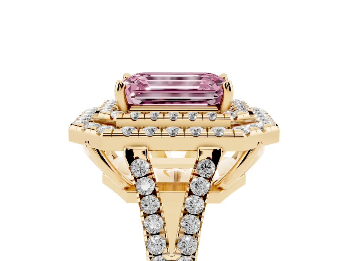 Fancy Pink Emerald Cut Diamond Double Halo Ring with Pavé Band and Prong Setting Yellow gold