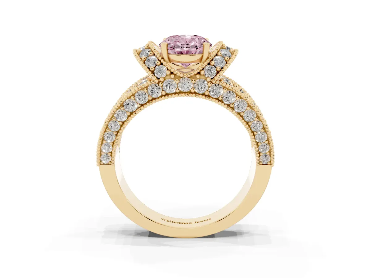 Fancy Pink Oval Cut Halo Pave Diamond Engagement Ring with Milgrain Detailing Yellow gold