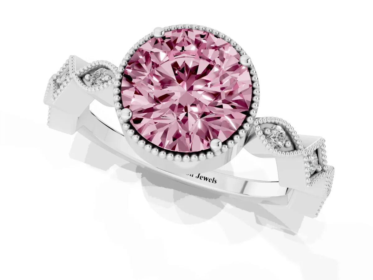 Fancy Pink Round Cut Milgrain Marquise Diamond Twist Band Ring Silver