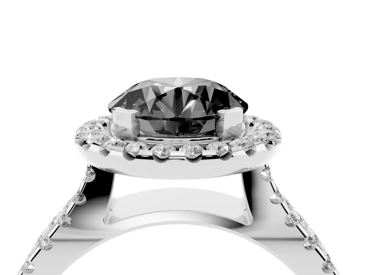Fancy Black Round Cut Diamond Halo Ring with Split Shank Pavé Band and Prong Setting Silver