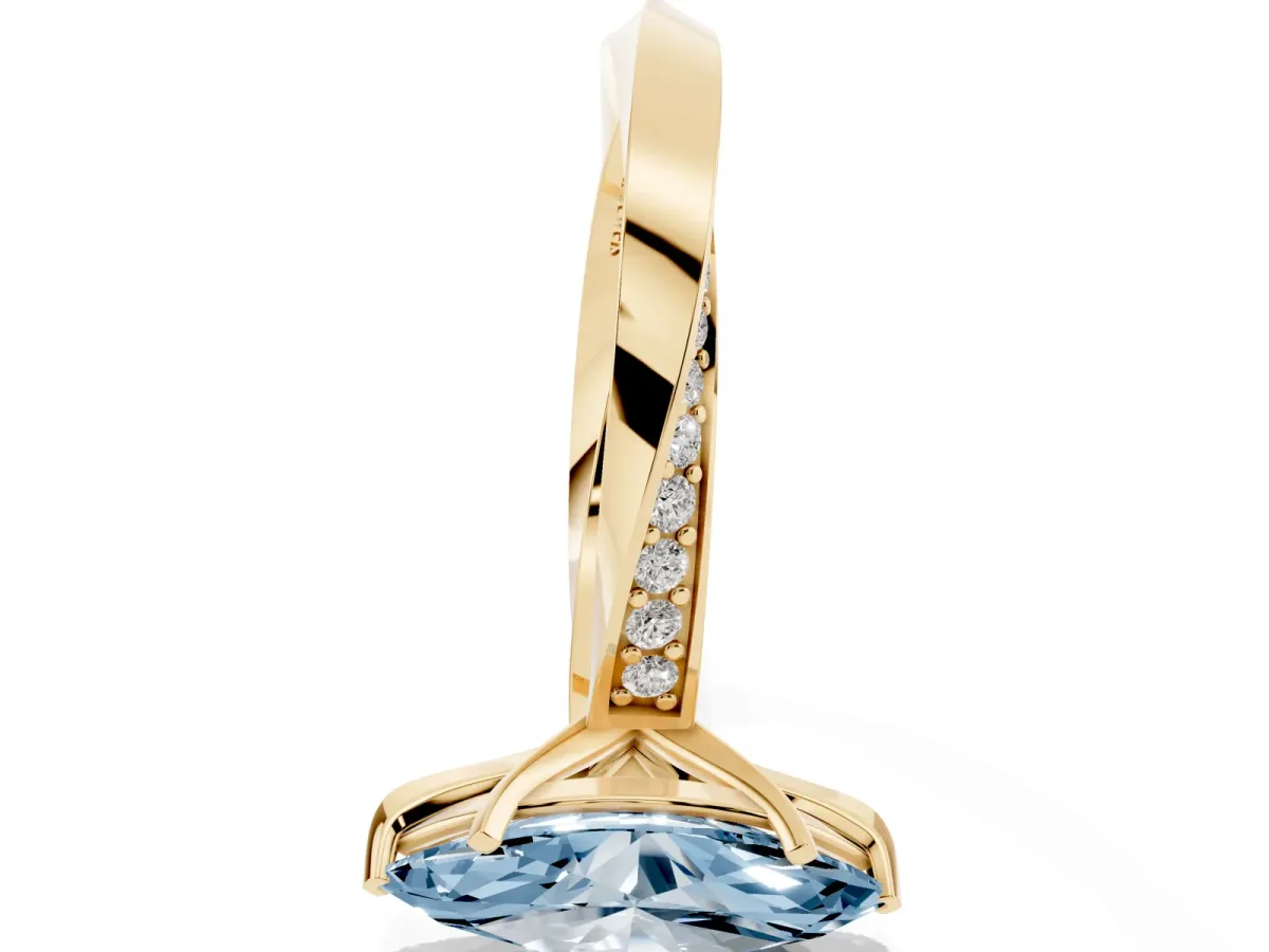 Fancy Blue Marquise Cut Diamond Engagement Ring with Side Stone Accents and Four-Prong Setting Yellow gold