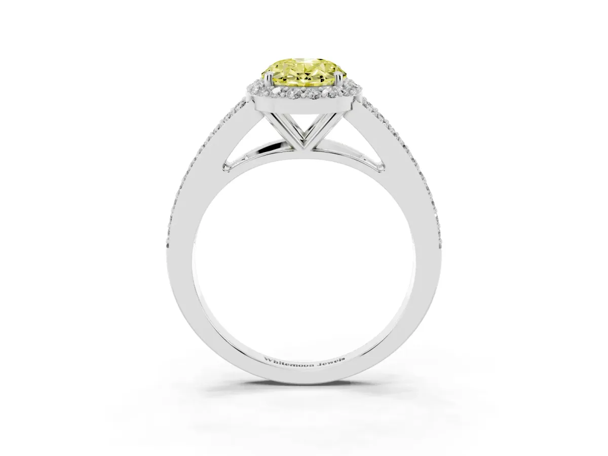 Fancy Yellow Oval Cut Halo Split Shank Diamond Ring with Prong Setting Silver