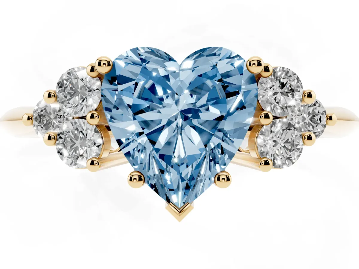 Fancy Blue Heart Cut Cut Diamond Cluster Ring with Solitaire Band and Four-Prong Setting Yellow gold