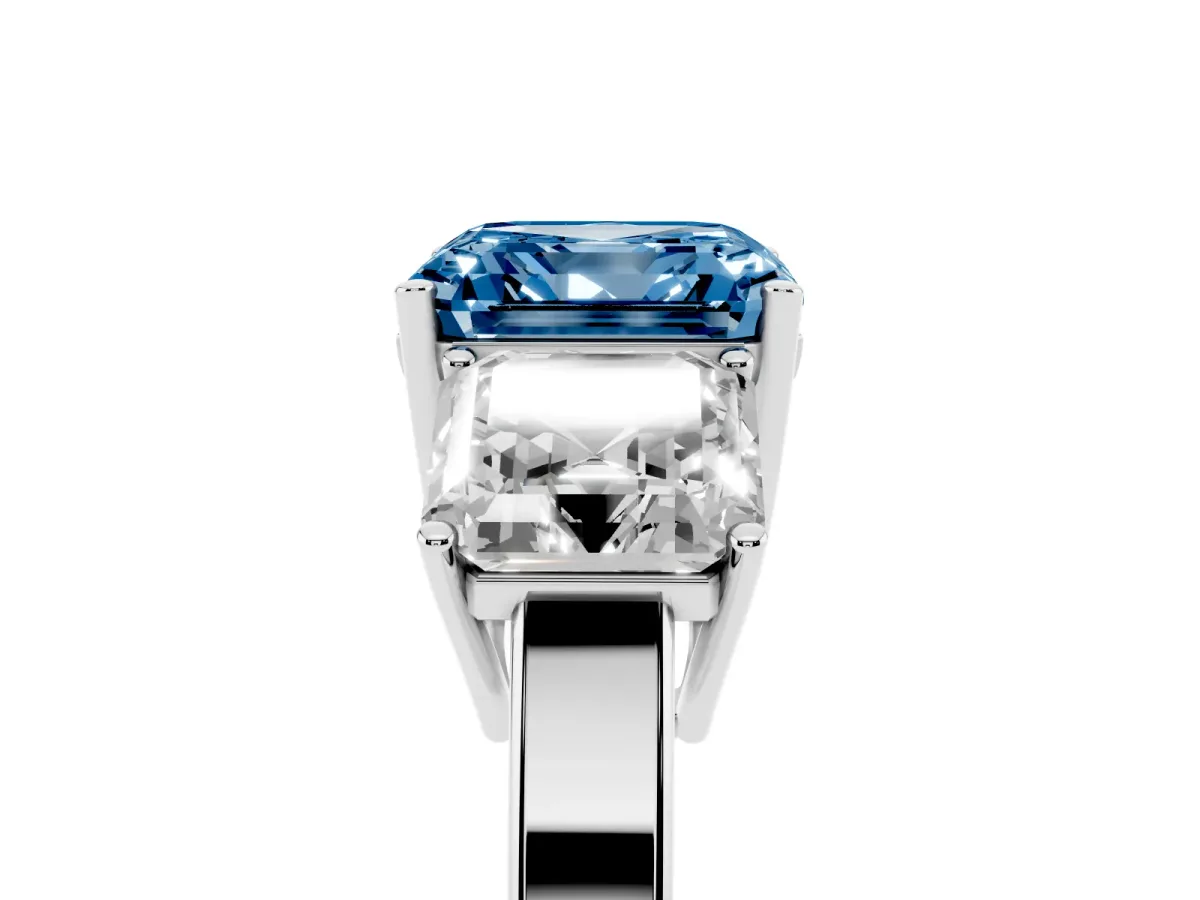 Fancy Blue Three-Stone Asscher Cut Cut Diamond Engagement Ring with Flat Band and Four-Prong Setting Silver