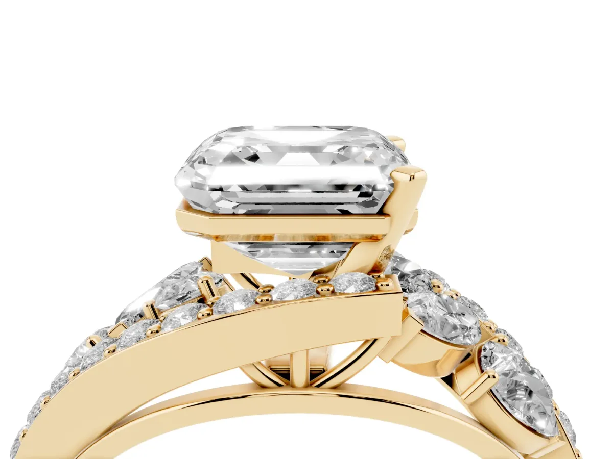 Asscher Cut Diamond Halo Ring with Marquise and Pavé Band in Prong Setting Yellow gold