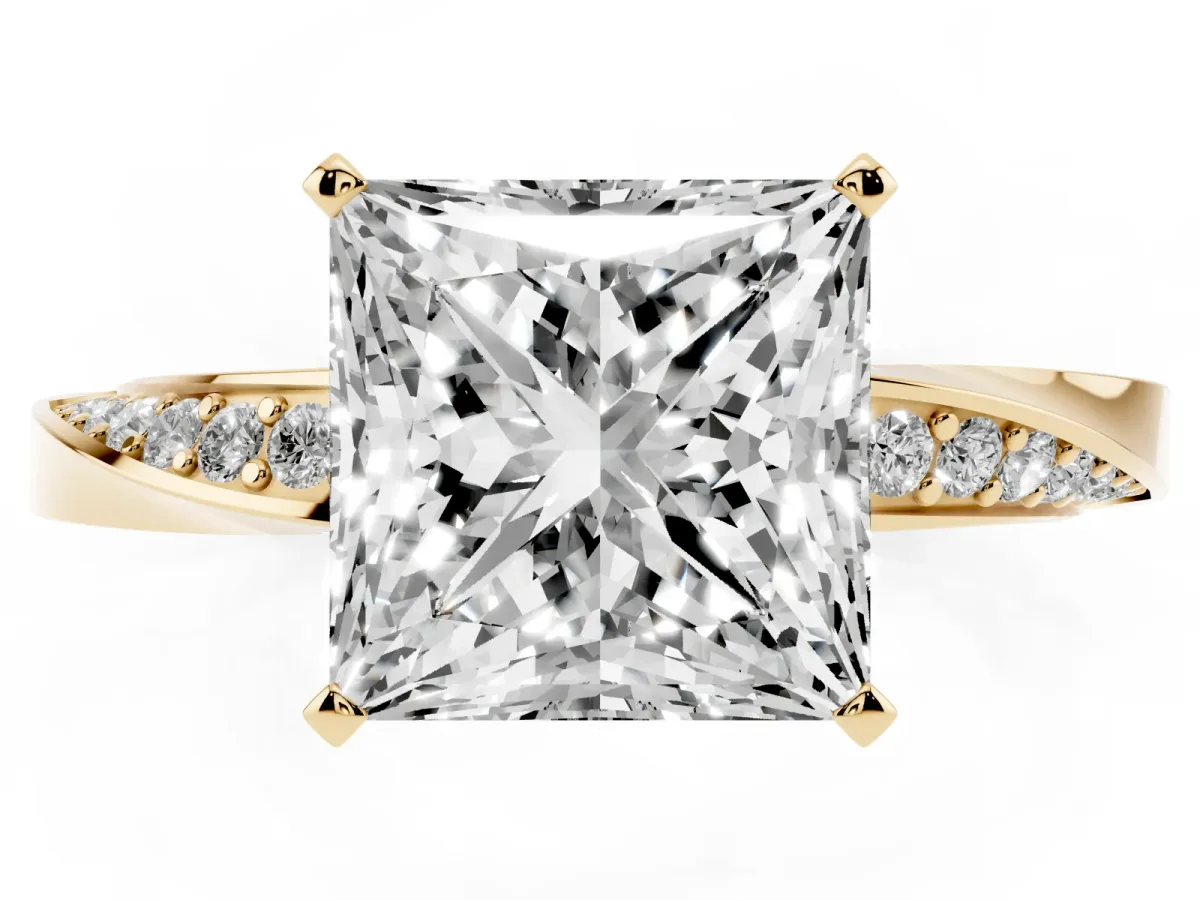 Princess Cut Diamond Engagement Ring with Side Stone Accents and Four-Prong Setting Yellow gold