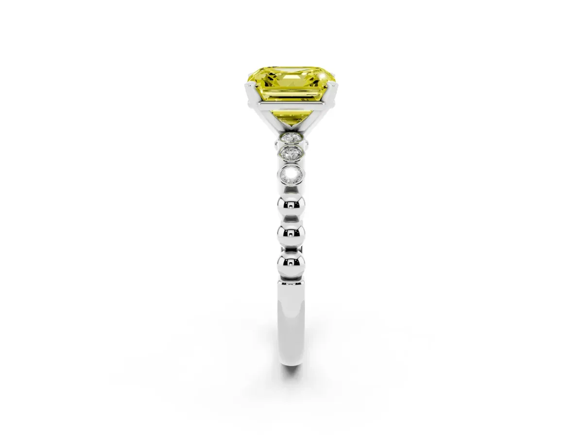Fancy Yellow Asscher Cut Solitaire Bezel Accent Diamond Engagement Ring with Beaded Band and Four-Prong Setting White gold