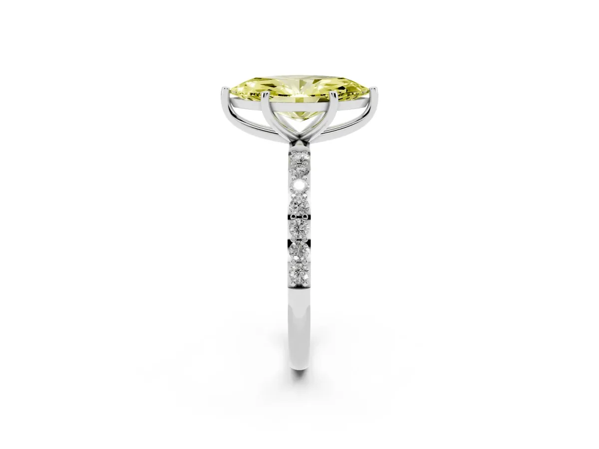 Fancy Yellow Marquise Cut Diamond Solitaire Ring with Round Pavé Shoulders and Prong Setting Silver
