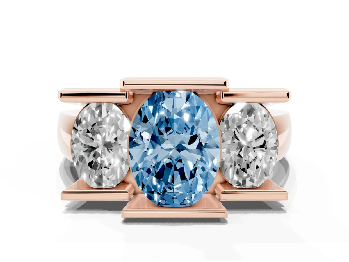 Fancy Blue Three Stone Oval Cut Cut Channel Set Diamond Ring Rose gold