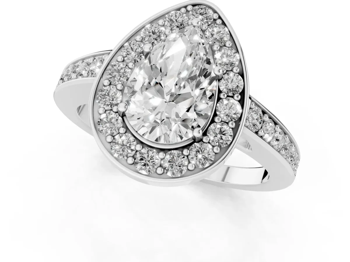 Pear Cut Halo Pavé Diamond Engagement Ring with Bezel Setting Platinum