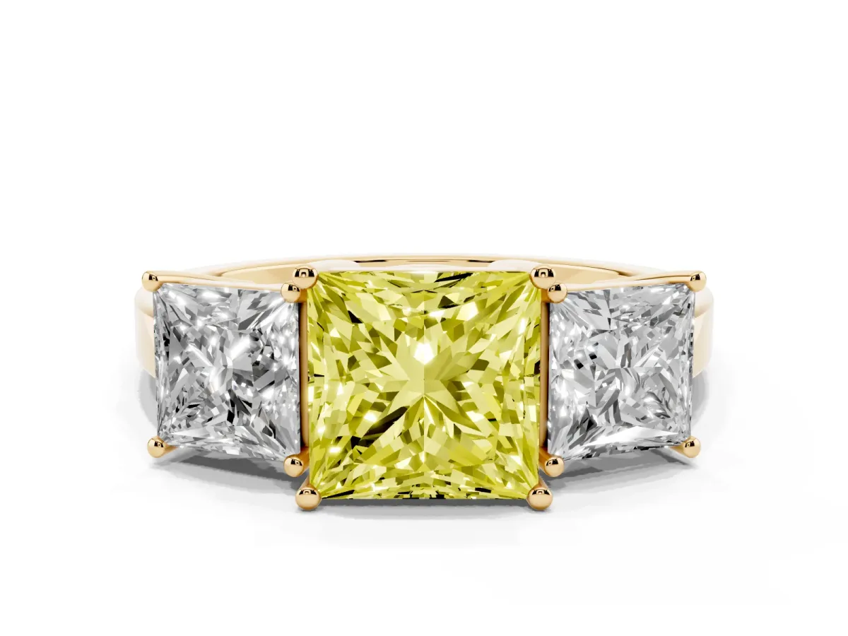 Fancy Yellow Three-Stone Princess Cut Cut Diamond Engagement Ring with Flat Band and Four-Prong Setting Yellow gold