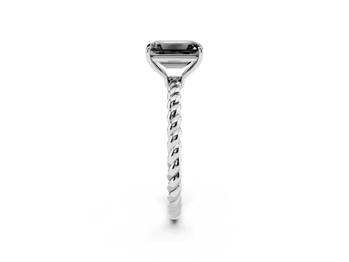 Fancy Black Emerald Cut Solitaire Twisted Band 4-Prong Ring Silver