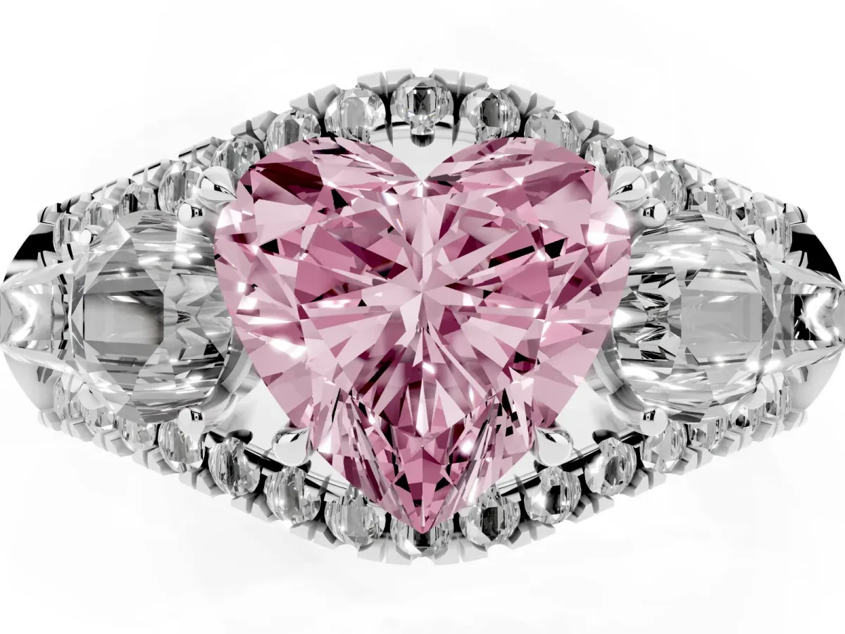 Fancy Pink Three-Stone Heart Cut Diamond Engagement Ring with Pave Band and Prong Setting Silver