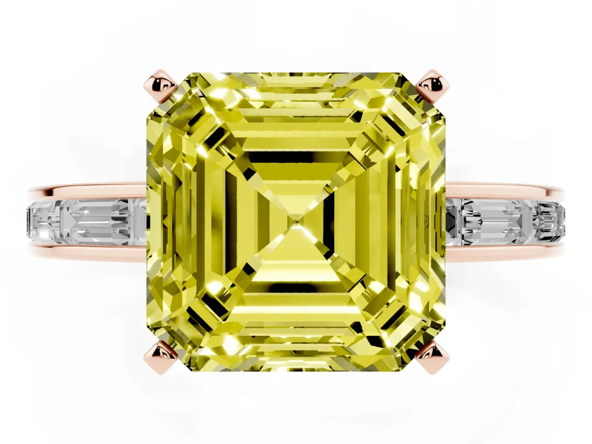 Fancy Yellow Asscher Cut Solitaire Diamond Ring with Channel-Set Baguette Band and Four-Prong Setting Rose gold