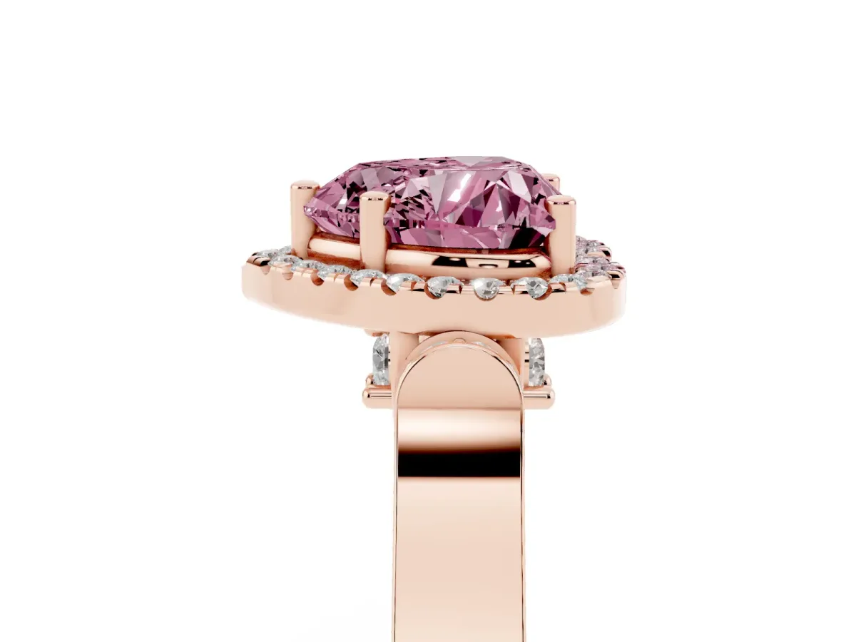 Fancy Pink Heart Cut Halo Round Diamond Twist Band with Four-Prong Setting Rose gold