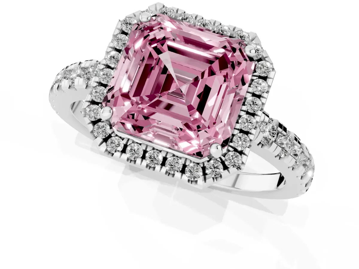 Fancy Pink Asscher Cut Diamond Halo Ring with Pavé Band and Four-Prong Setting White gold